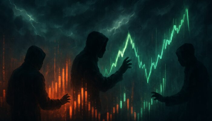 Shadowy traders spoofing glowing order books amid volatile price spikes on flickering charts
