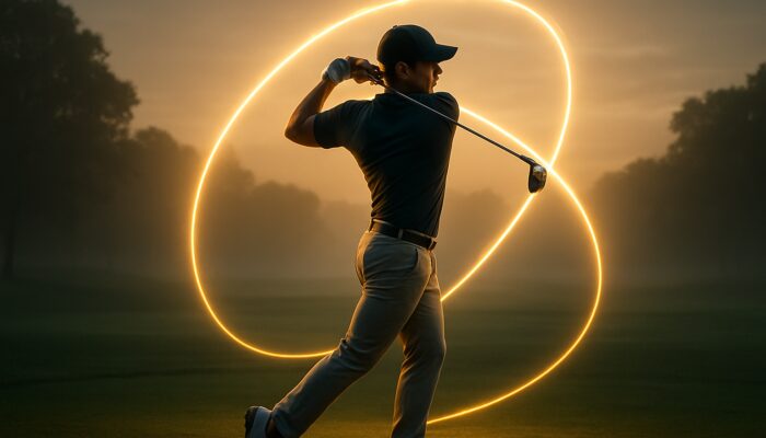 Professional golfer in mid-swing with visible swing plane arcs on a misty dawn course.