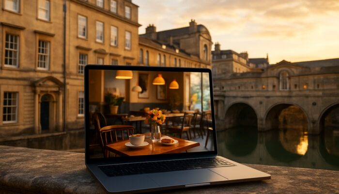 Laptop displaying a vibrant Bath café website against the backdrop of the Roman Baths and Georgian architecture during golden hour