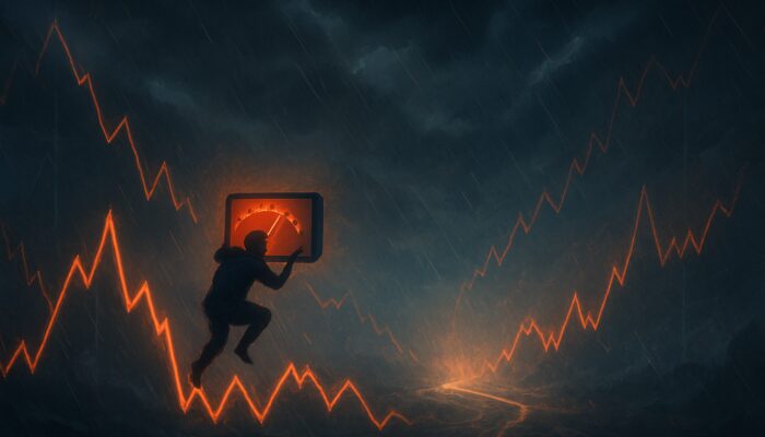 Trader clinging to flickering RSI gauge in stormy market with converging charts ahead