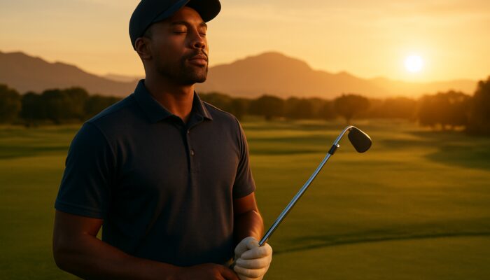 South African golfer practicing deep breathing at sunset on lush course with mountains.