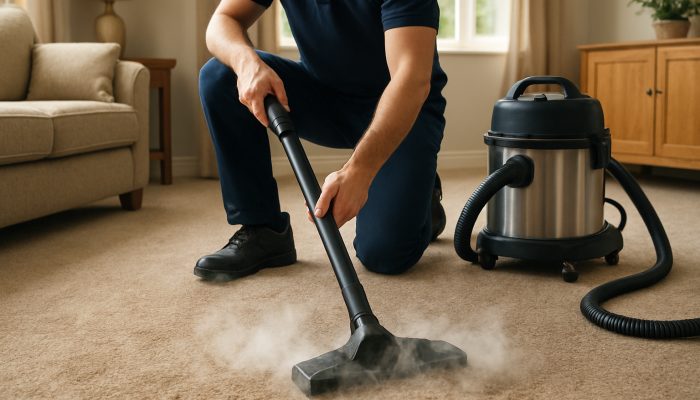 Professional steam cleaning carpet in cozy Tintinhull home, lifting pet fur and deep stains with vacuum nearby.