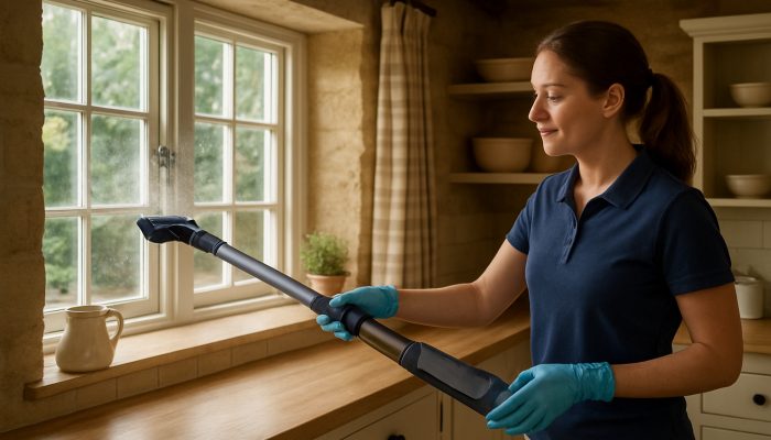 Cleaner using lightweight vacuum and microfiber cloths dusting windows in cozy Tintinhull cottage.