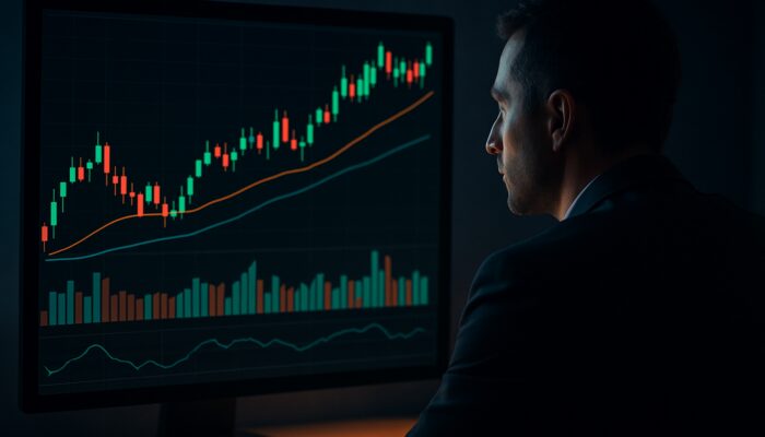 Trader analyzing candlestick charts with MACD divergence, rising volume bars, and RSI in a dimly lit room.