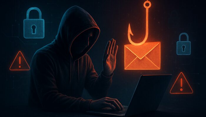User protecting laptop from phishing email threats with digital locks and security alerts