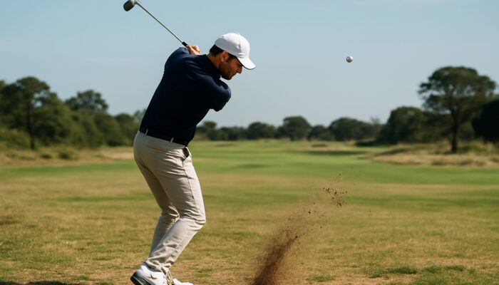 Golfer positions ball forward in stance for high lob shot on South African patchy rough